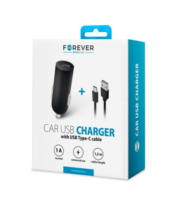 Forever M02 autolaadija 1x USB 1A must + USB-C kaabel