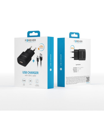 Forever TC-01 laadija 1x USB 2A must + USB-C kaabel