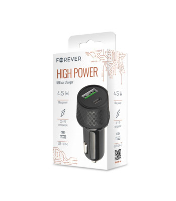 Foreveri autolaadija 1xUSB 2.4A + 1xUSB-C PD 45W LA-04 must