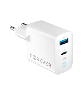 Forever TC-06-45AC GaN PD QC laadija 1x USB-C 1x USB 45W valge