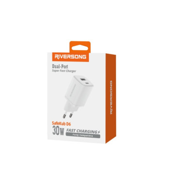 Riversong seinalaadija SafeKub D6 1x USB 1x USB-C 30W valge AD28