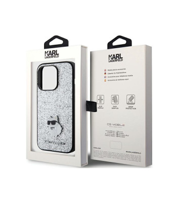 Karl Lagerfeldi ümbris iPhone 15 Pro 6.1 KLHCP15LGCNPSG hõbedase kõva korpuse jaoks Fikseeritud Glitter Choupette Logo Metal Pin