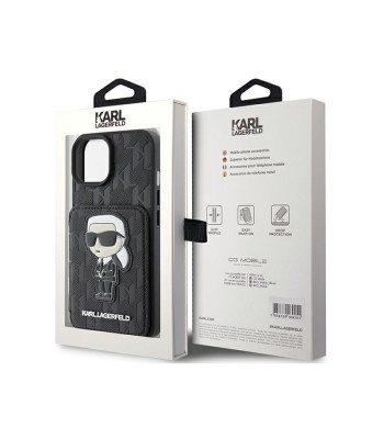 Karl Lagerfeldi ümbris iPhone 15 6.1 KLHCP15SSAKKNSCK must kõva ümbris Saffiano automotivedslots ja Stand Monogram Ikonik Patch