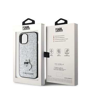 Karl Lagerfeldi ümbris iPhone 15 6.1 hõbedane kõva ümbris Fikseeritud Glitter Choupette Logo Metal Pin