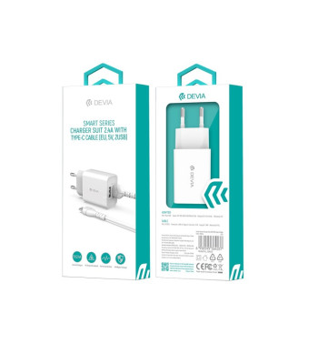 Devia seinalaadija Smart 2x USB 2.4A valge + USB-C kaabel