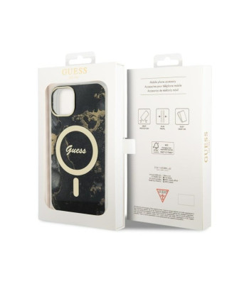 Guess ümbris iPhone 14 Plus 6.7 GUHMP14MHTMRSK musta kõva ümbrisele Golden Marble MagSafe