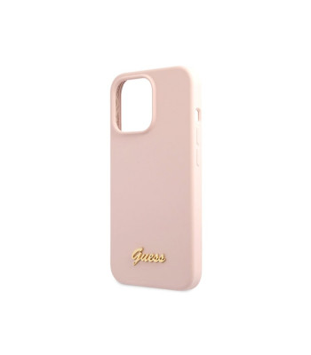 Guess ümbris iPhone 13 Pro Max 6,7 GUHCP13XLSLMGLP roosa kõva korpuse jaoks Liquid Silicone Script Gold Metal Logo