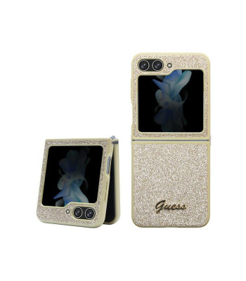 Guess ümbris Samsung Z Flip5 GUHCZF5HGGSHD kuldse HC PU/TPU Glitter Scripti jaoks