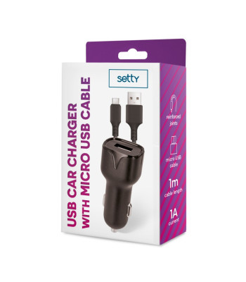 Setty autolaadija 1x USB 1A must + microUSB kaabel 1,0 m UUS