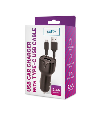 Setty autolaadija 1x USB 2,4A must + USB-C kaabel 1,0 m