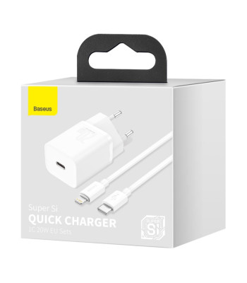 Baseus seinalaadija Super Si PD 20W 1x USB-C valge + USB-C - Lightning kaabel