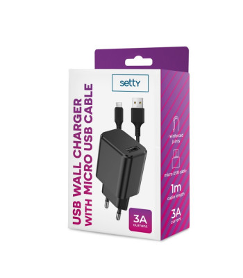 Setty laadija 1x USB 3A must + microUSB kaabel 1,0 m