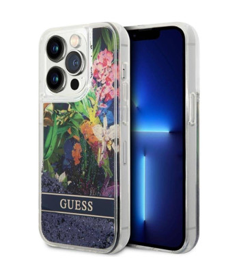 Guess ümbris iPhone 14 Pro Max 6,7 GUHCP14XLFLSB sinine kõva ümbris Flower Liquid Glitter