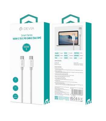 "Devia" kaabel Smart PD USB-C - USB-C 1,5 m 5A, valge